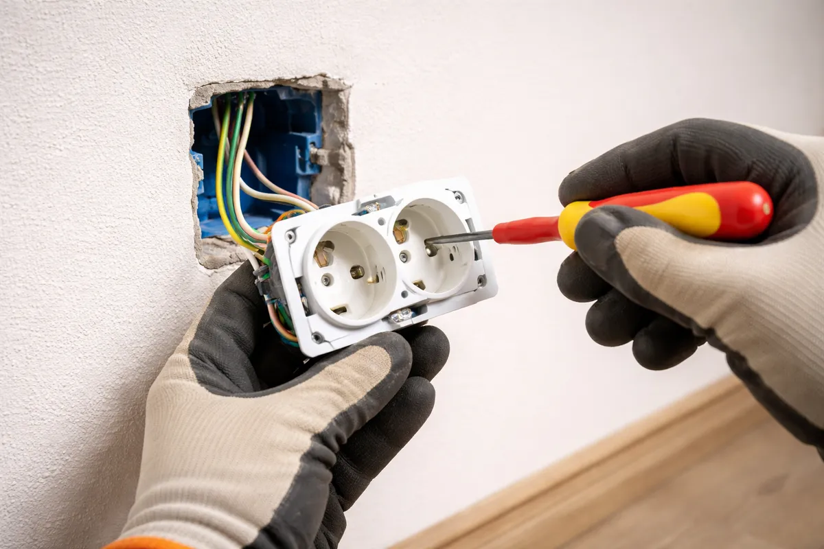 Obrazek wymiany gniazdka elektryczngo za pomocą śrubokręta i z zachowaniem przepisów BHP.