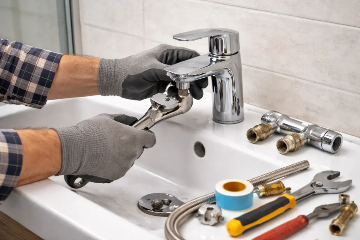 Obrazek wymiany baterii umywalkowej w łazience zgodnie z przepisami BHP.